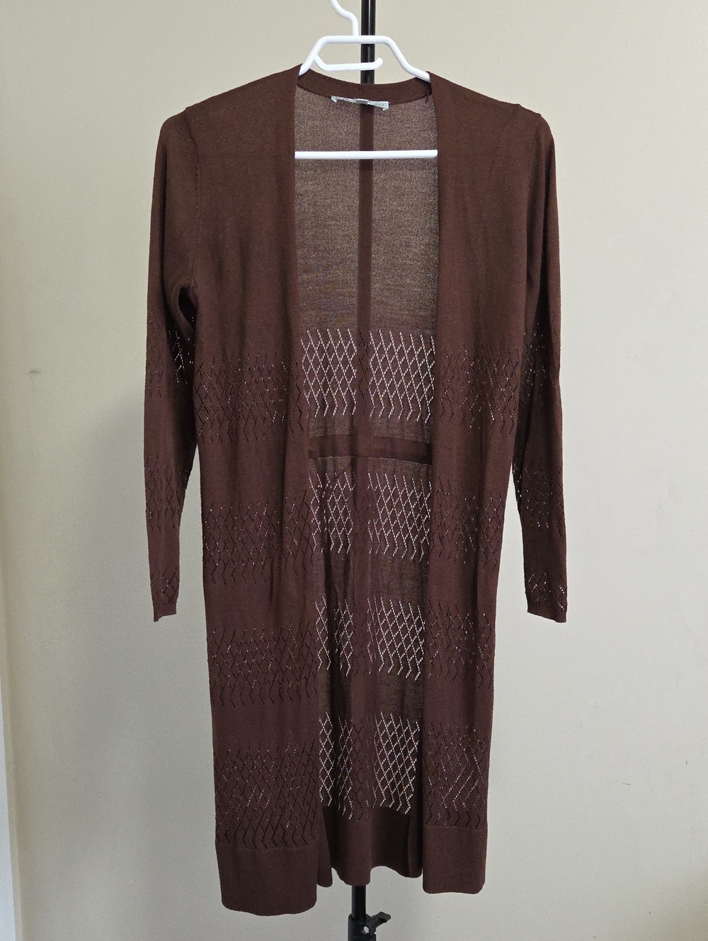 cleo Brown Open-Front Diamond Knit Long Cardigan